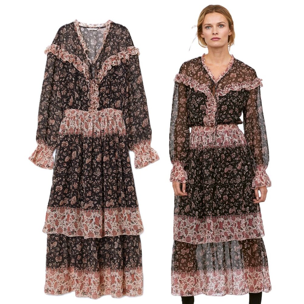 H&M Dark Floral Frilled Dress Black Red Tier Maxi Ruffle Long Sleeve Prairie
